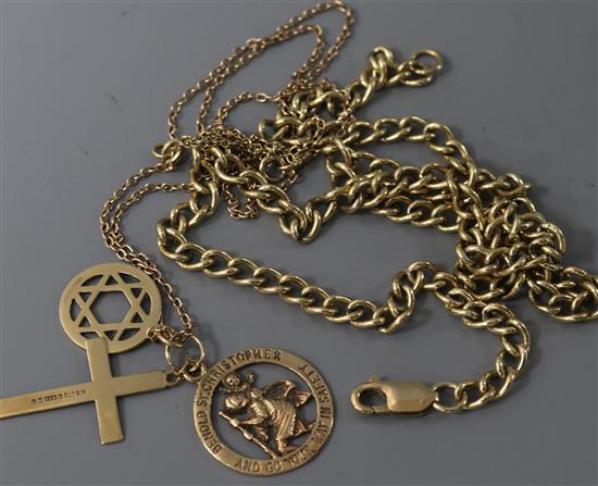 A 9ct gold St Christopher pendant, a cross and a Star of David on fine gold chain and a curb-link necklace.